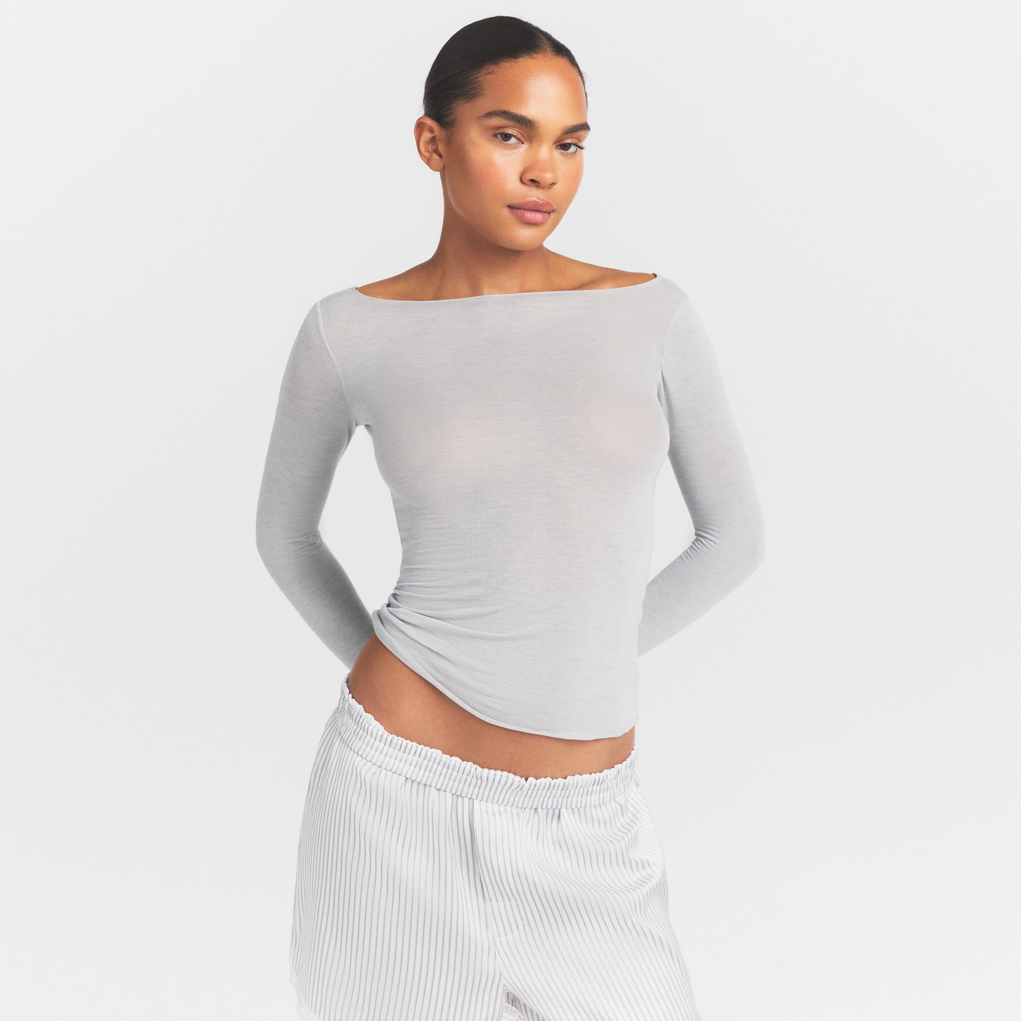 SHEER MODAL LONG SLEEVE BOATNECK TOP | HEATHER GREY - Image 3