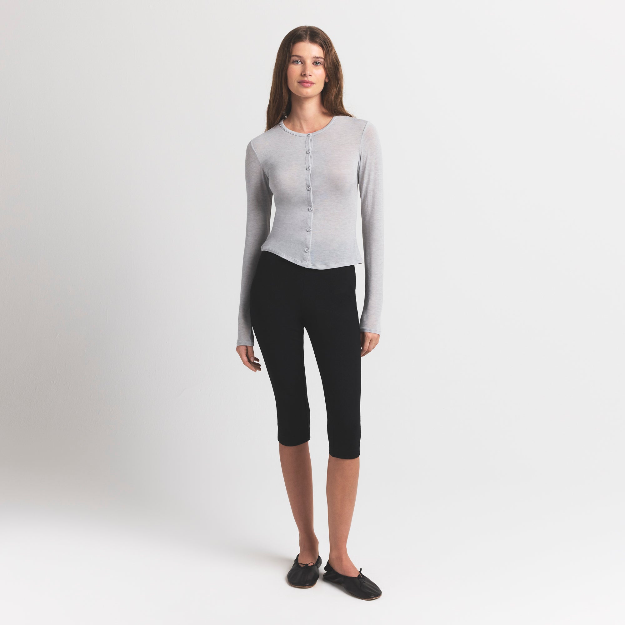 SHEER MODAL CARDIGAN WITH COVERED BUTTONS | HEATHER GREY - Image 4