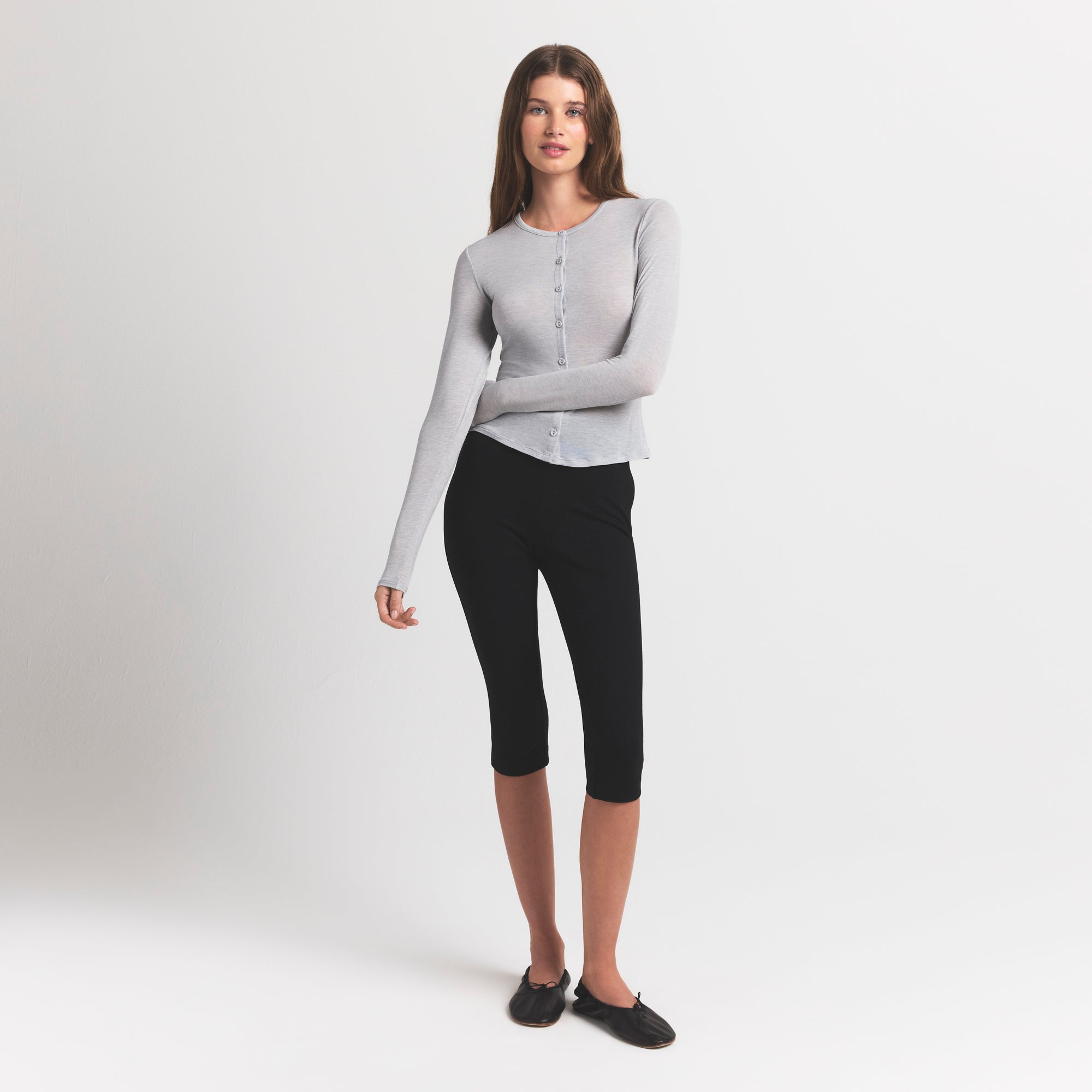 SHEER MODAL CARDIGAN WITH COVERED BUTTONS | HEATHER GREY - Image 2