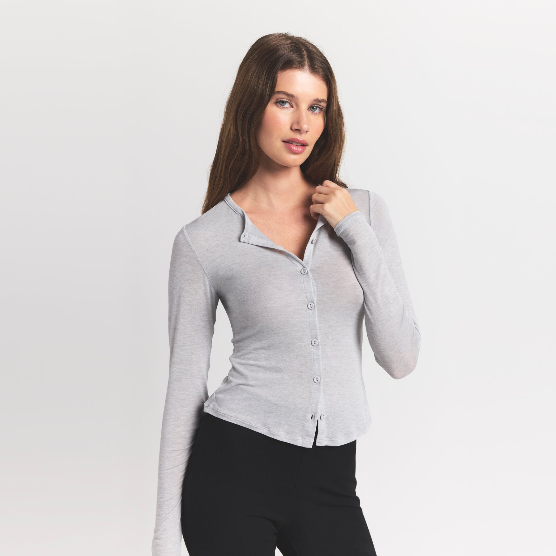 SHEER MODAL CARDIGAN WITH COVERED BUTTONS | HEATHER GREY - Image 3