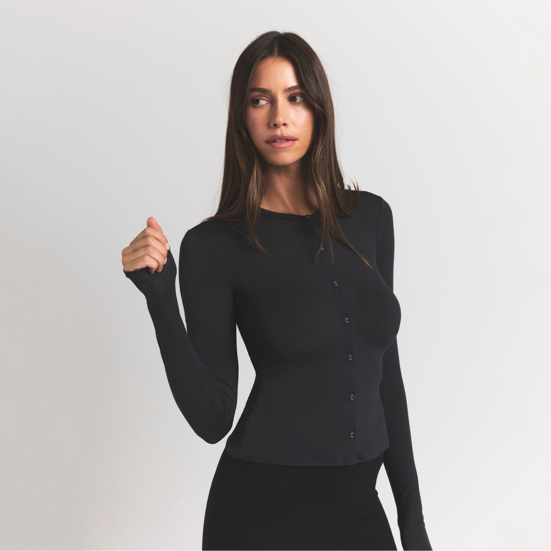 SHEER MODAL CARDIGAN WITH COVERED BUTTONS | ONYX - Image 3