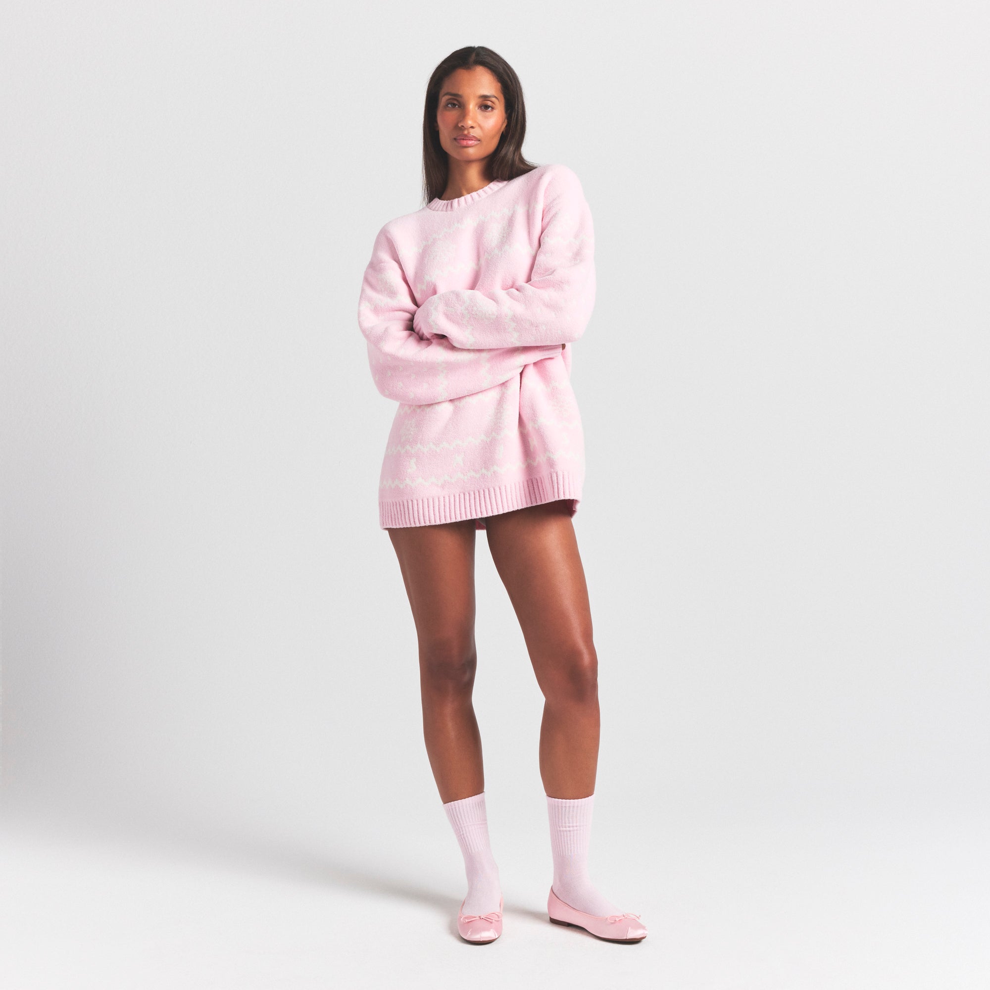 COZY LIGHT CREWNECK PULLOVER | BABY PINK HEART FAIR ISLE - Image 3