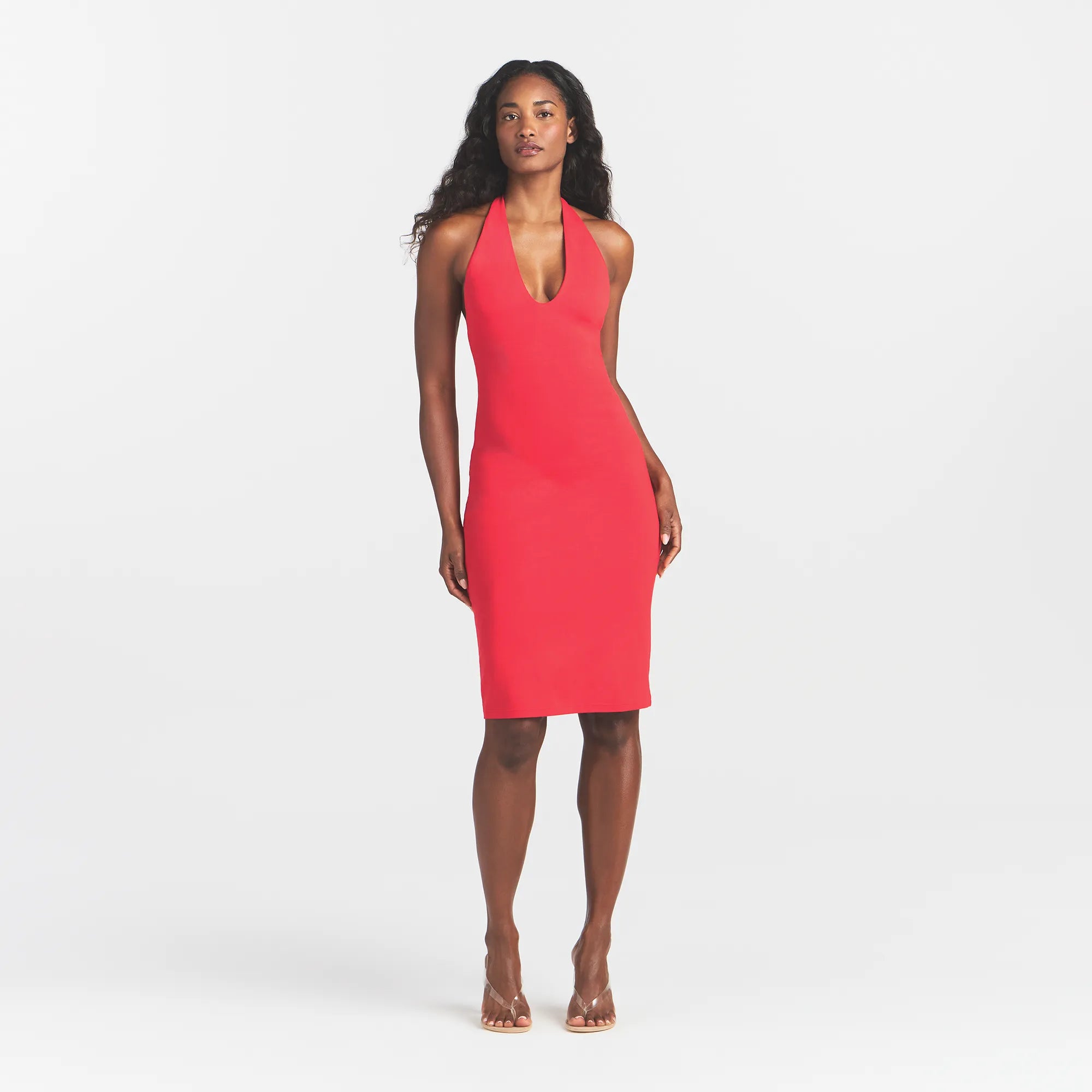SMOOTH LAYERS PLUNGE HALTER MIDI DRESS | CARMINE - Image 2