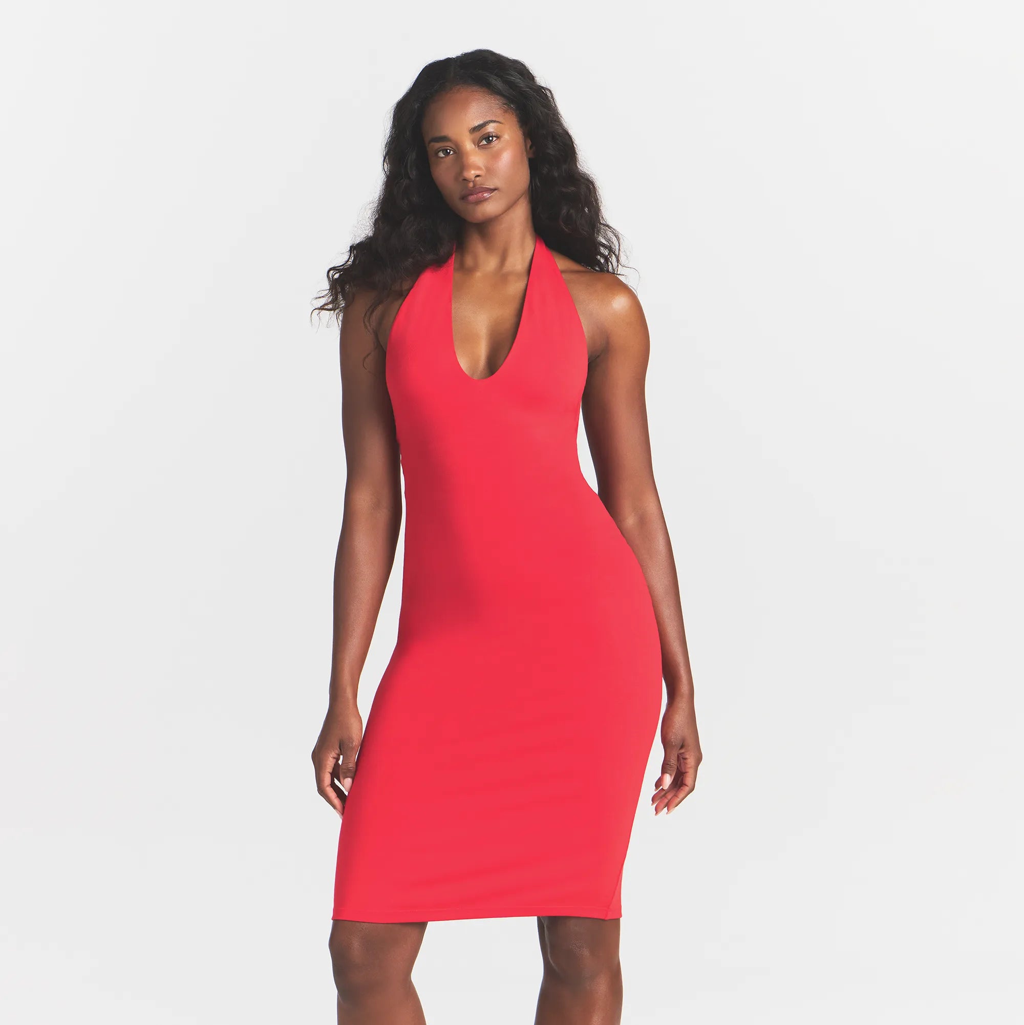 SMOOTH LAYERS PLUNGE HALTER MIDI DRESS | CARMINE - Image 3