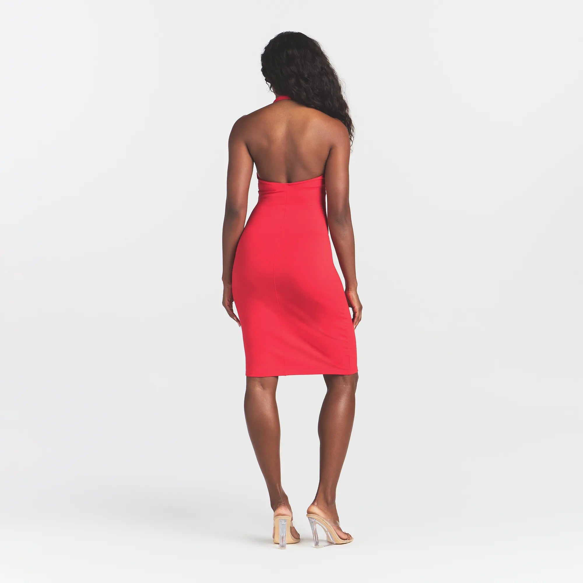 SMOOTH LAYERS PLUNGE HALTER MIDI DRESS | CARMINE - Image 4