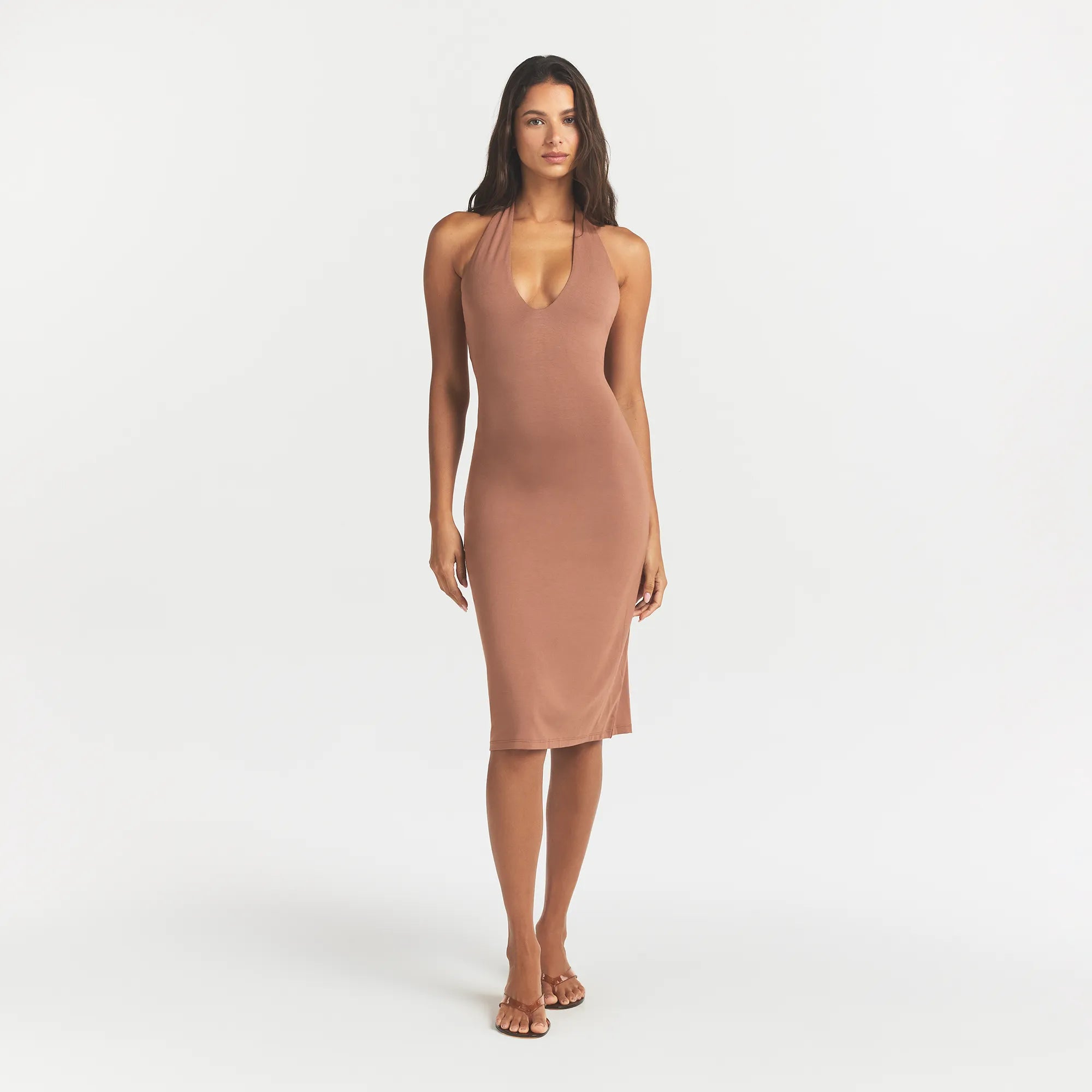 SMOOTH LAYERS PLUNGE HALTER MIDI DRESS | NUTMEG - Image 2