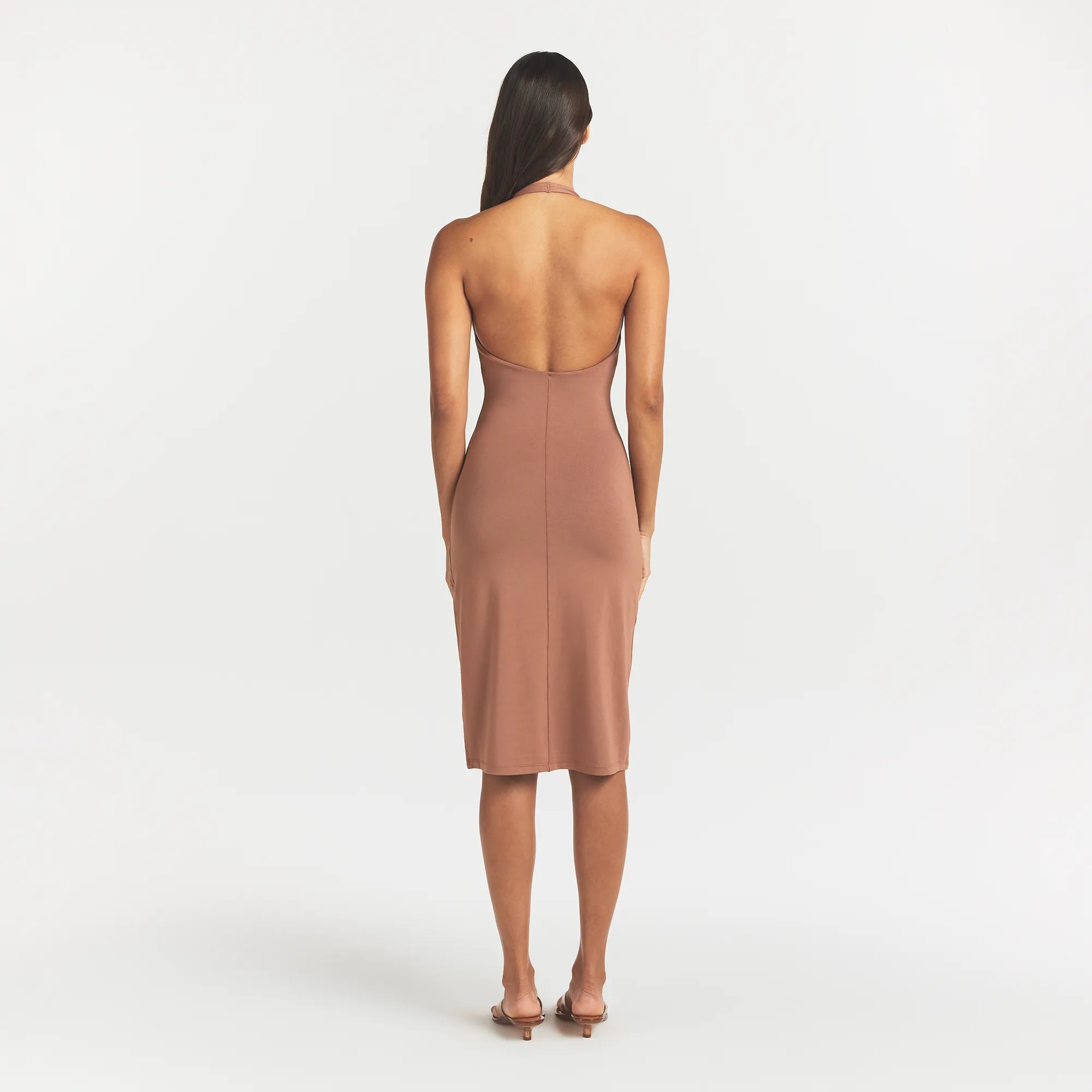 SMOOTH LAYERS PLUNGE HALTER MIDI DRESS | NUTMEG - Image 5