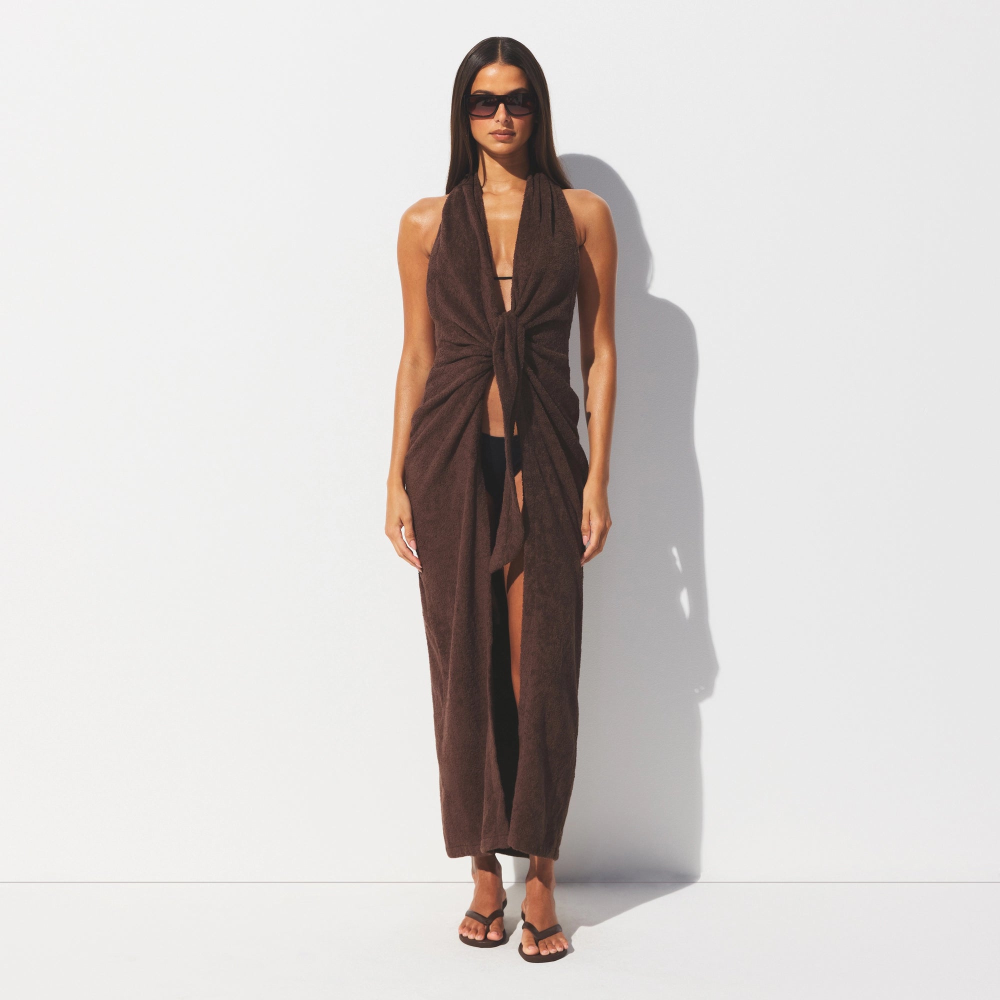 TERRY COVER-UPS DEEP PLUNGE HALTER WRAP DRESS | DARK SEPIA - Image 2