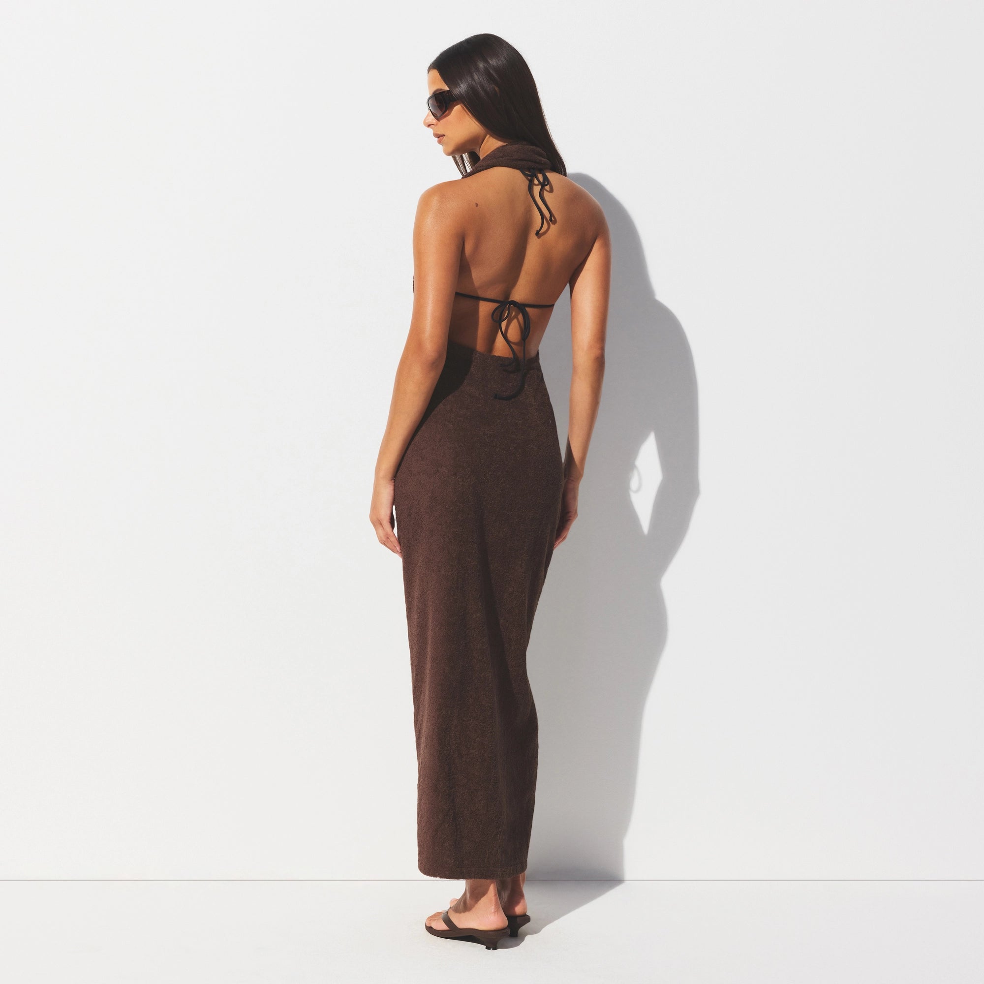 TERRY COVER-UPS DEEP PLUNGE HALTER WRAP DRESS | DARK SEPIA - Image 4