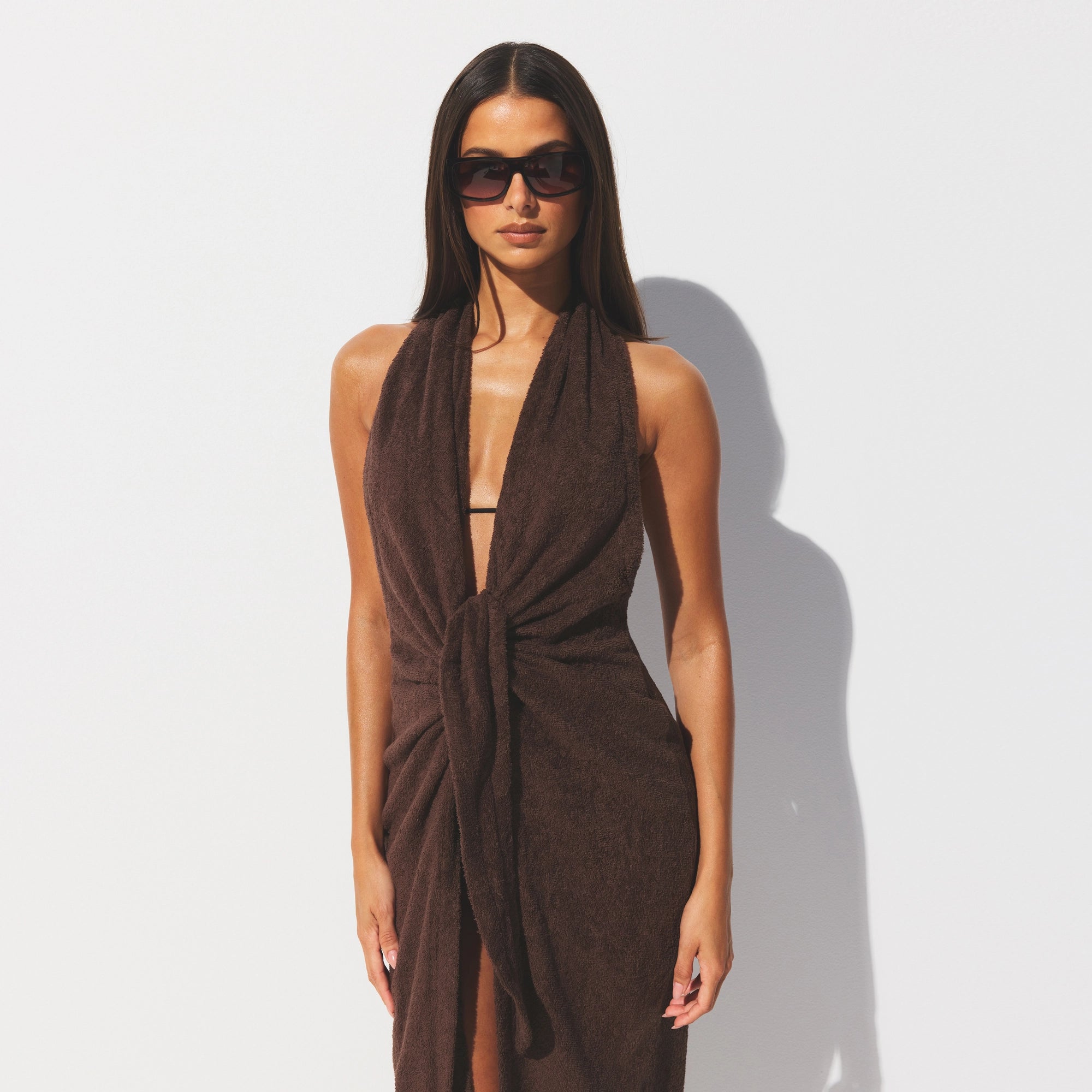 TERRY COVER-UPS DEEP PLUNGE HALTER WRAP DRESS | DARK SEPIA - Image 3