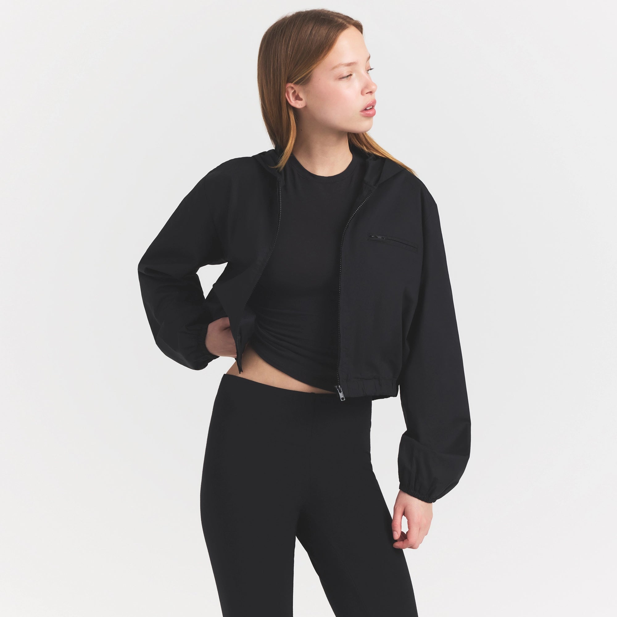 WOVEN COTTON CROPPED ZIP UP JACKET | ONYX - Image 3
