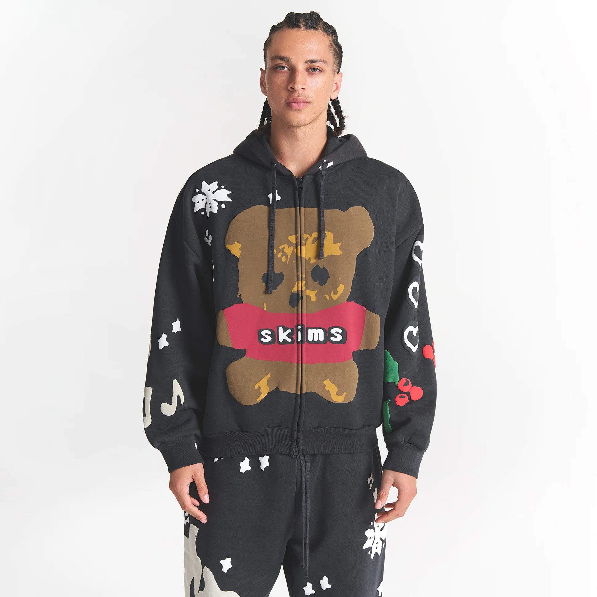 CACTUS PLANT FLEA MARKET X SKIMS HEAVYWEIGHT FLEECE MENS RELAXED ZIP UP HOODIE | ONYX TEDDY BEAR PRINT - Image 3