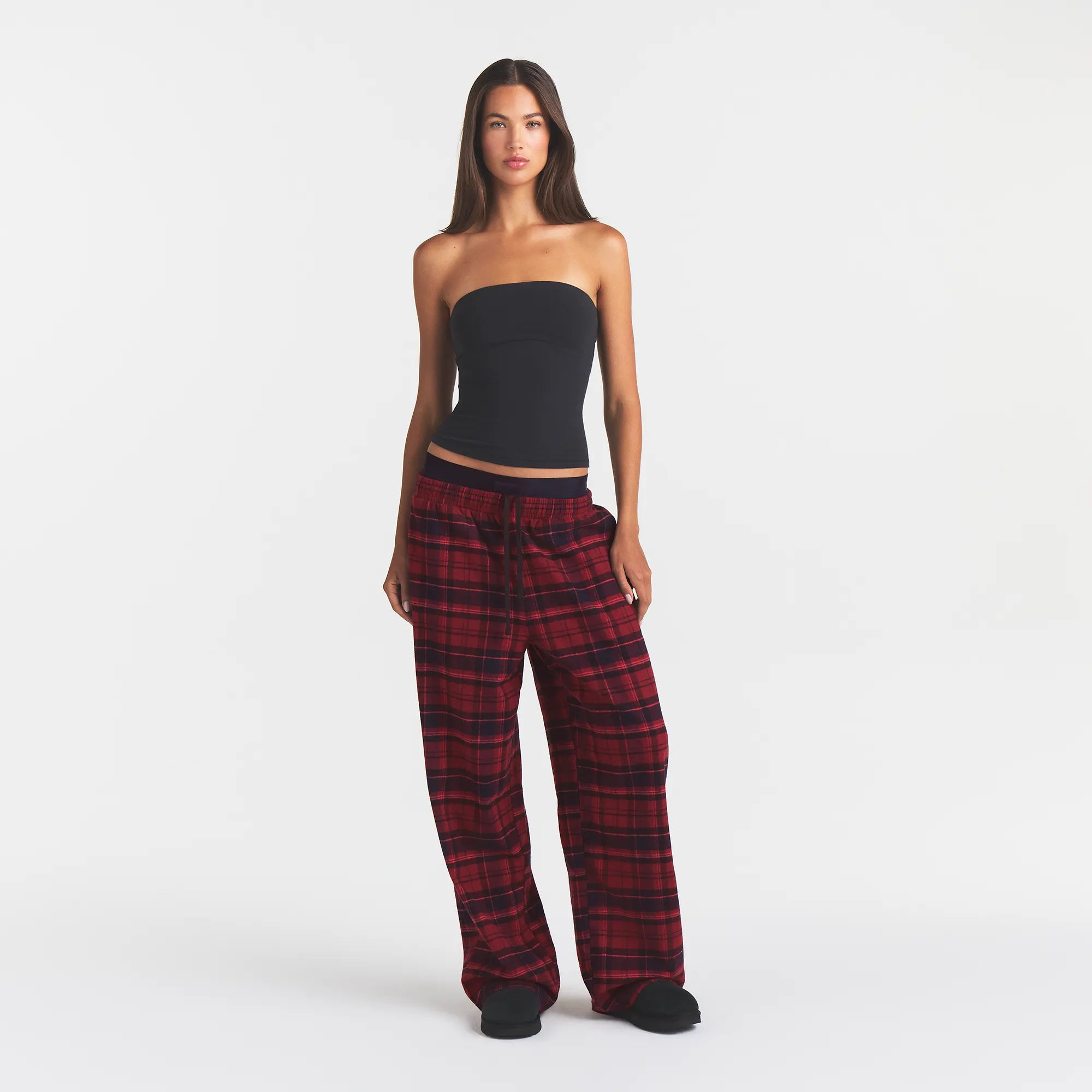 OUTDOOR FLANNEL OVERSIZED DOUBLE WAISTBAND PANT | MERLOT CABIN PLAID - Image 2