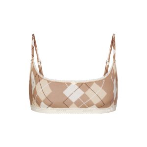 LIGHTWEIGHT COTTON LOGO PICOT SCOOP BRALETTE | CAFE ARGYLE PRINT