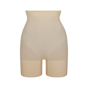SHEER SEAMLESS HIGH-WAISTED MID THIGH SHORT | SAND