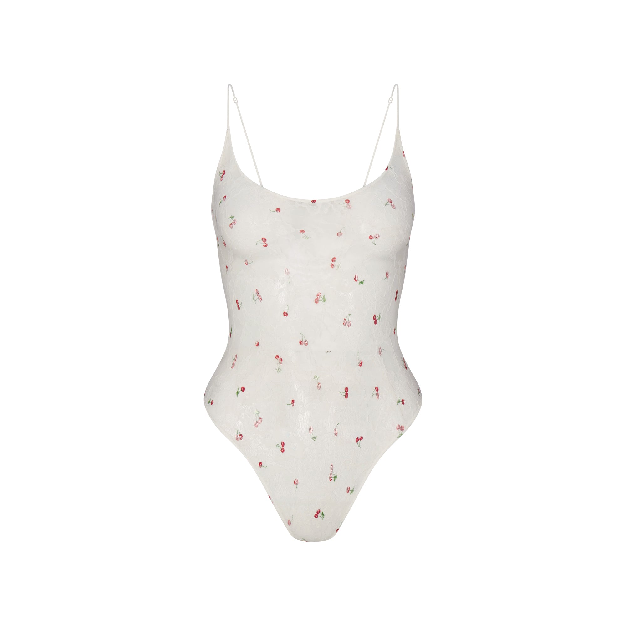 STRETCH LACE SCOOP NECK BODYSUIT | IVORY CHERRY PRINT