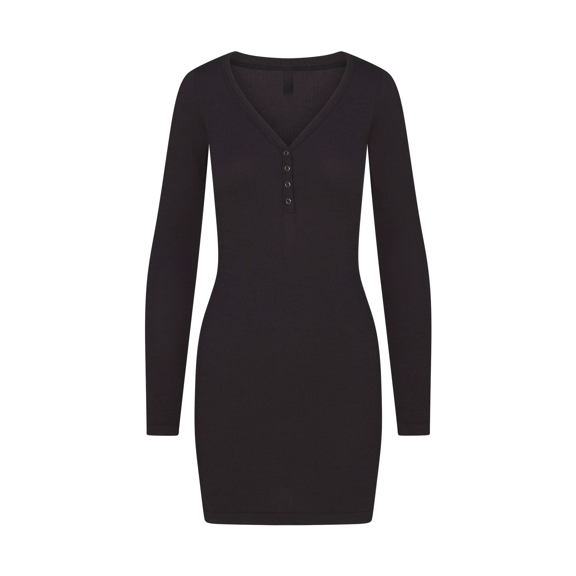 WOOL RIB HENLEY DRESS | OBSIDIAN