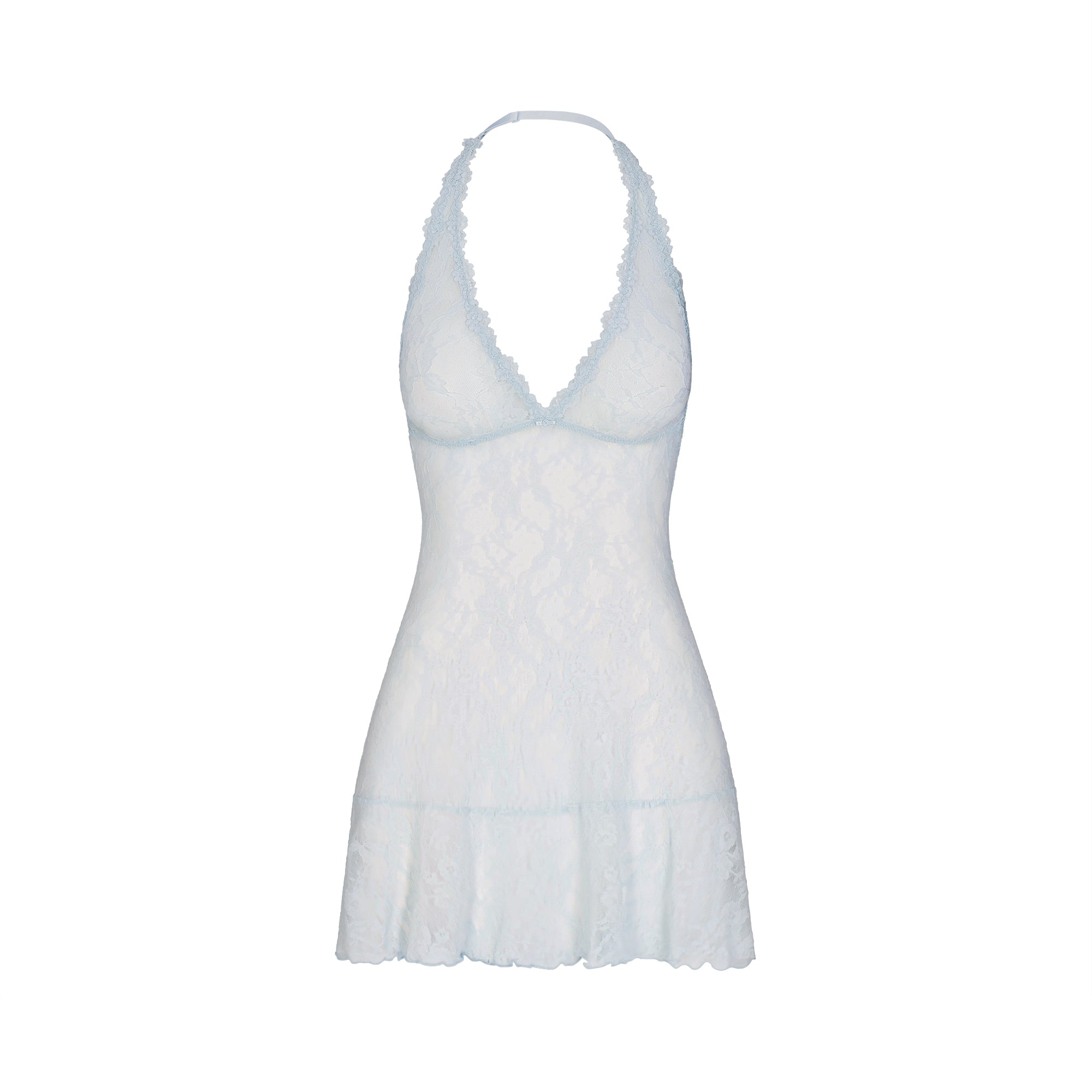 STRETCH LACE HALTER MINI DRESS | POWDER BLUE