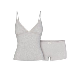 LIGHTWEIGHT COTTON LACE CAMI AND BOY SHORT SET | LIGHT HEATHER GREY