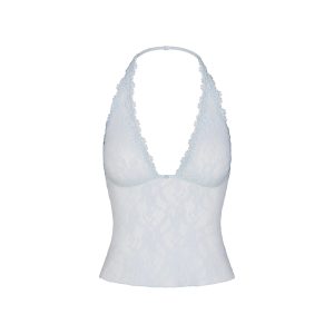 STRETCH LACE HALTER TOP | POWDER BLUE