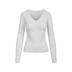 COTTON JERSEY SHIRRED BUST LONG SLEEVE | LIGHT HEATHER GREY