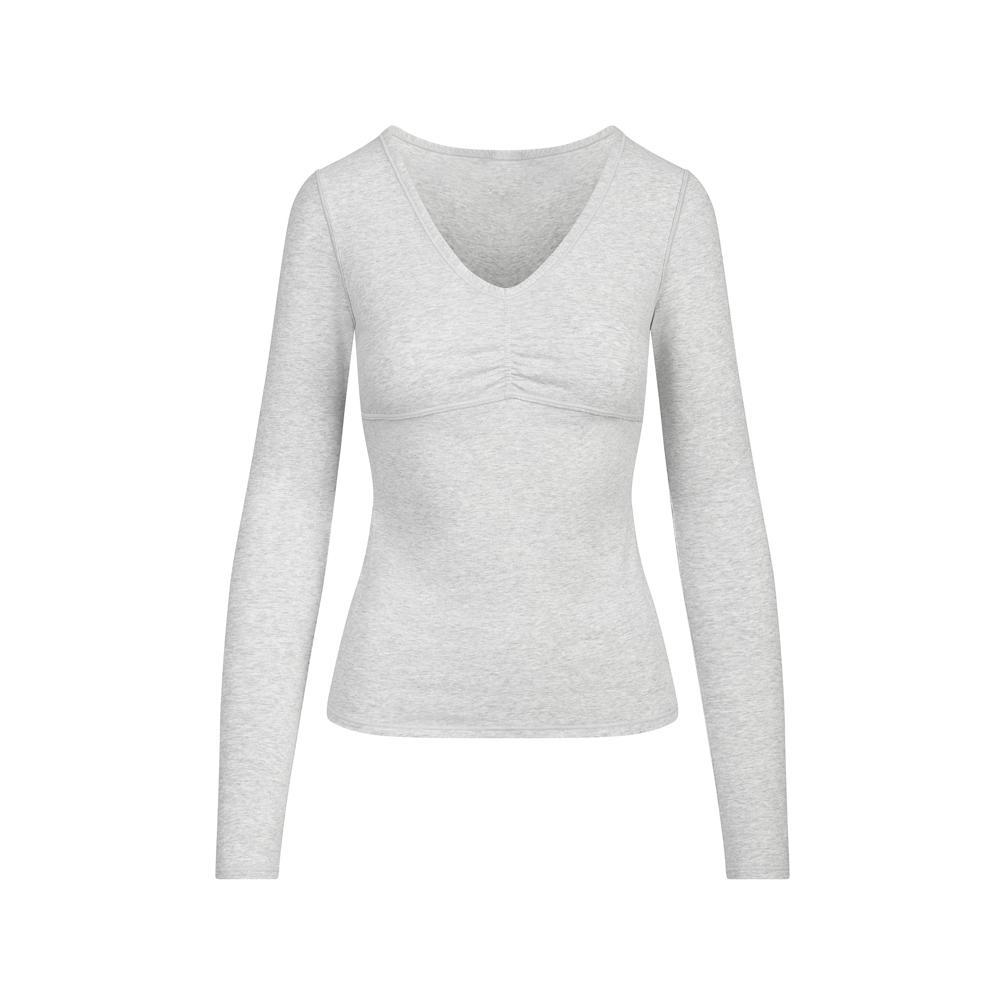 COTTON JERSEY SHIRRED BUST LONG SLEEVE | LIGHT HEATHER GREY