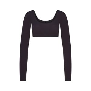 WOOL RIB LONG SLEEVE SUPER CROPPED TOP | OBSIDIAN