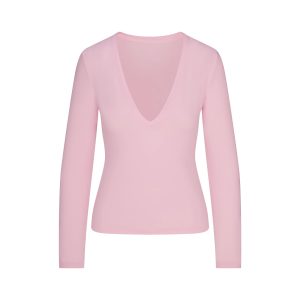 COTTON JERSEY LONG SLEEVE PLUNGE TOP | CHERRY BLOSSOM
