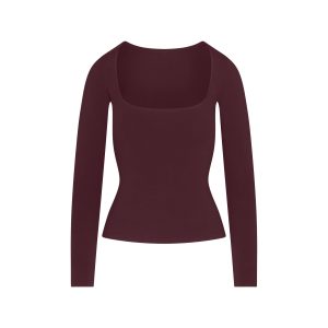 COTTON JERSEY SCOOP NECK LONG SLEEVE TOP | CURRANT