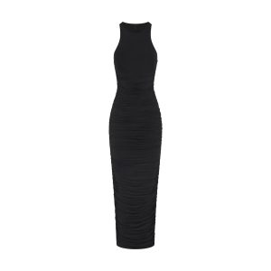 CUPRO JERSEY RUCHED LONG DRESS | OBSIDIAN