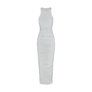 CUPRO JERSEY RUCHED LONG DRESS | PEARL