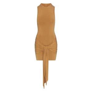 CUPRO JERSEY WRAP MINI DRESS | ALMOND