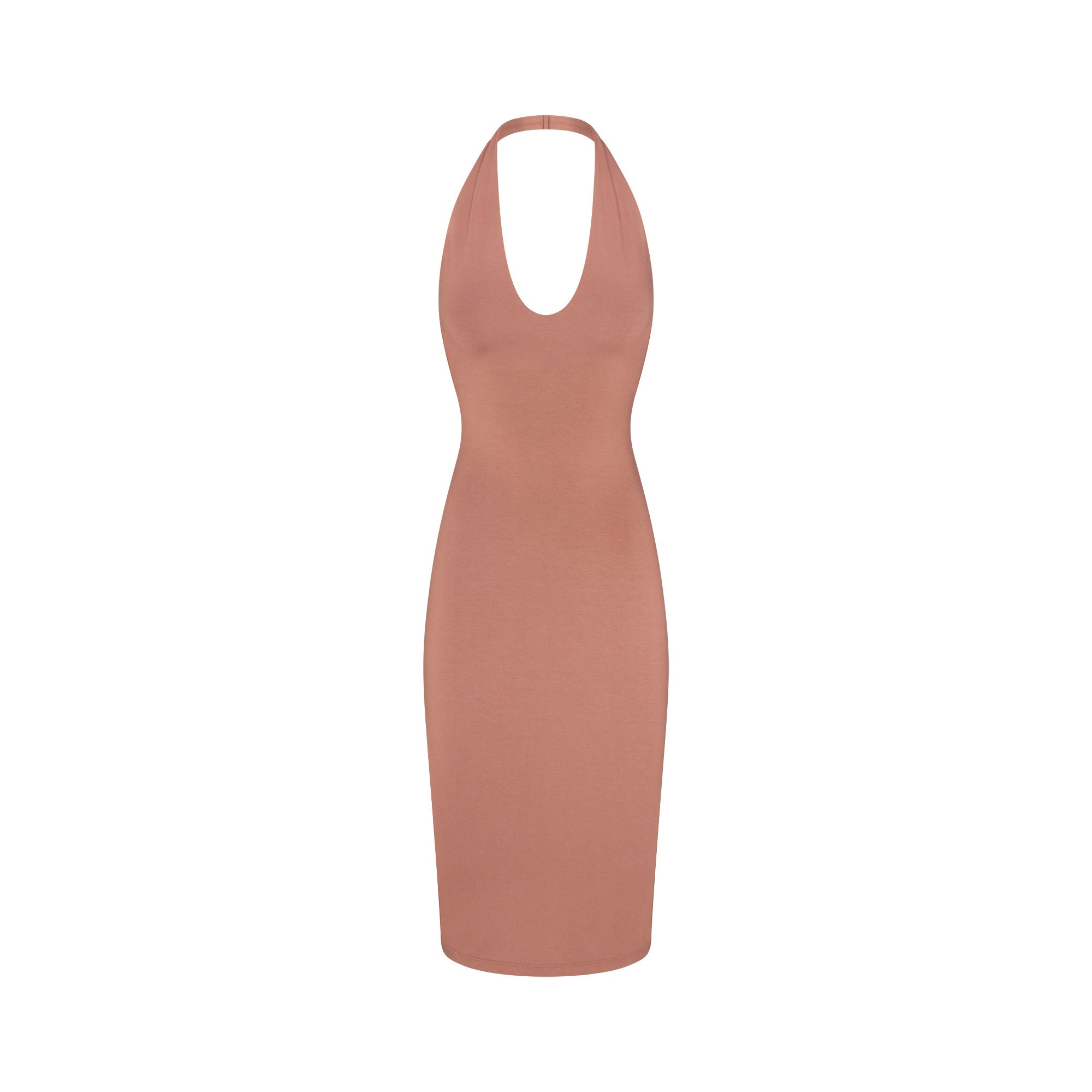 SMOOTH LAYERS PLUNGE HALTER MIDI DRESS | NUTMEG