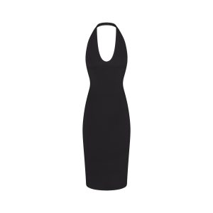 SMOOTH LAYERS PLUNGE HALTER MIDI DRESS | OBSIDIAN