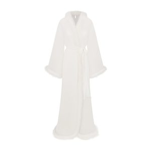 BRIDAL SLEEP FEATHER TRIM LONG ROBE | IVORY