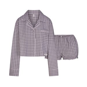 COTTON POPLIN SLEEP CROPPED BUTTON UP AND BLOOMER SET | IRIS MICA NAVY CHECK