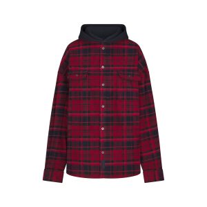OUTDOOR FLANNEL OVERSIZED HOODED SHIRT | MERLOT CABIN PLAID