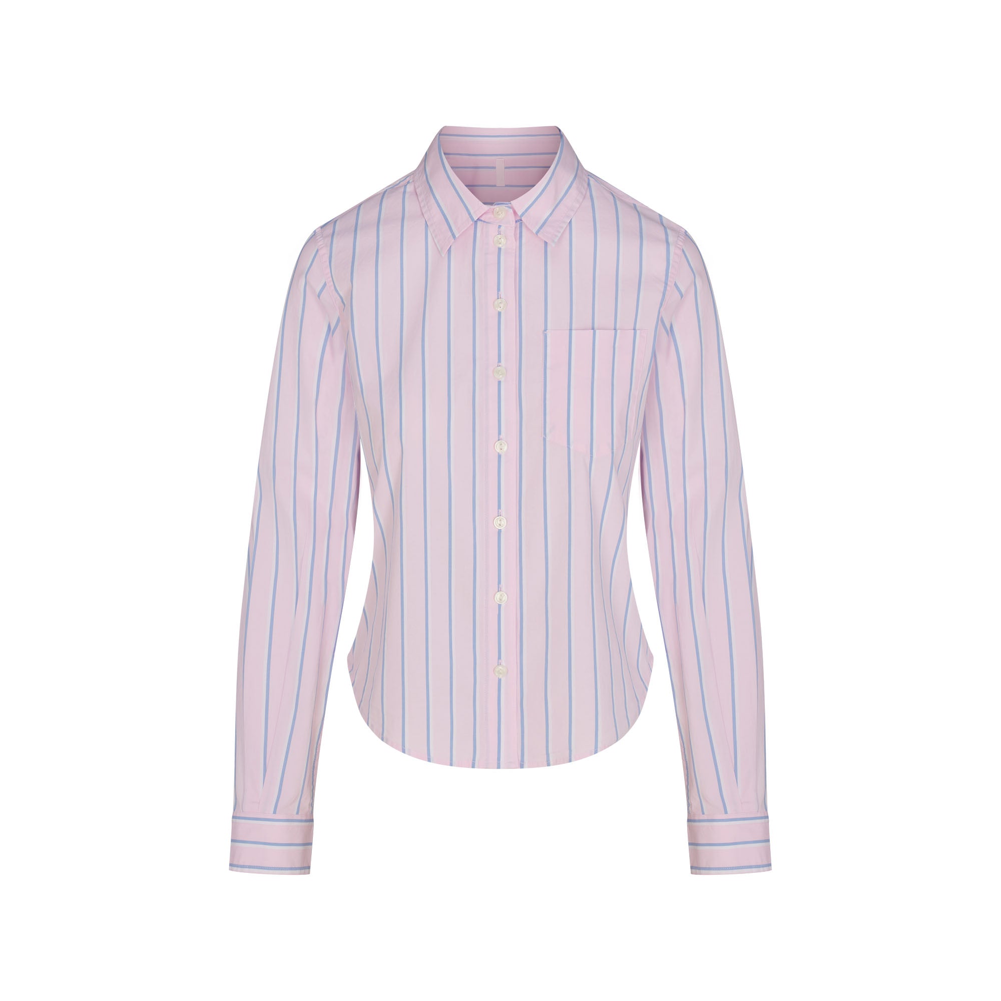 COTTON POPLIN SHRUNKEN BUTTON UP SHIRT | PINK TULLE WIDE STRIPE