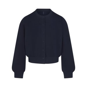 COTTON FLEECE SHRUNKEN CARDIGAN | NAVY