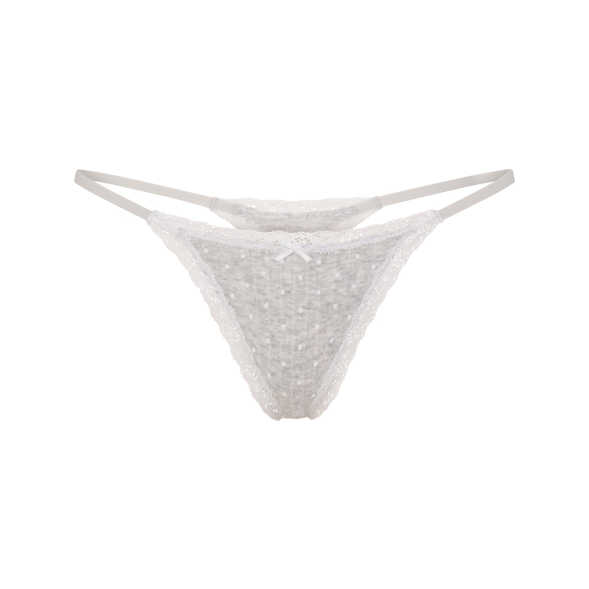 LIGHTWEIGHT COTTON POINTELLE LACE STRING THONG | LIGHT HEATHER GREY PIN DOT