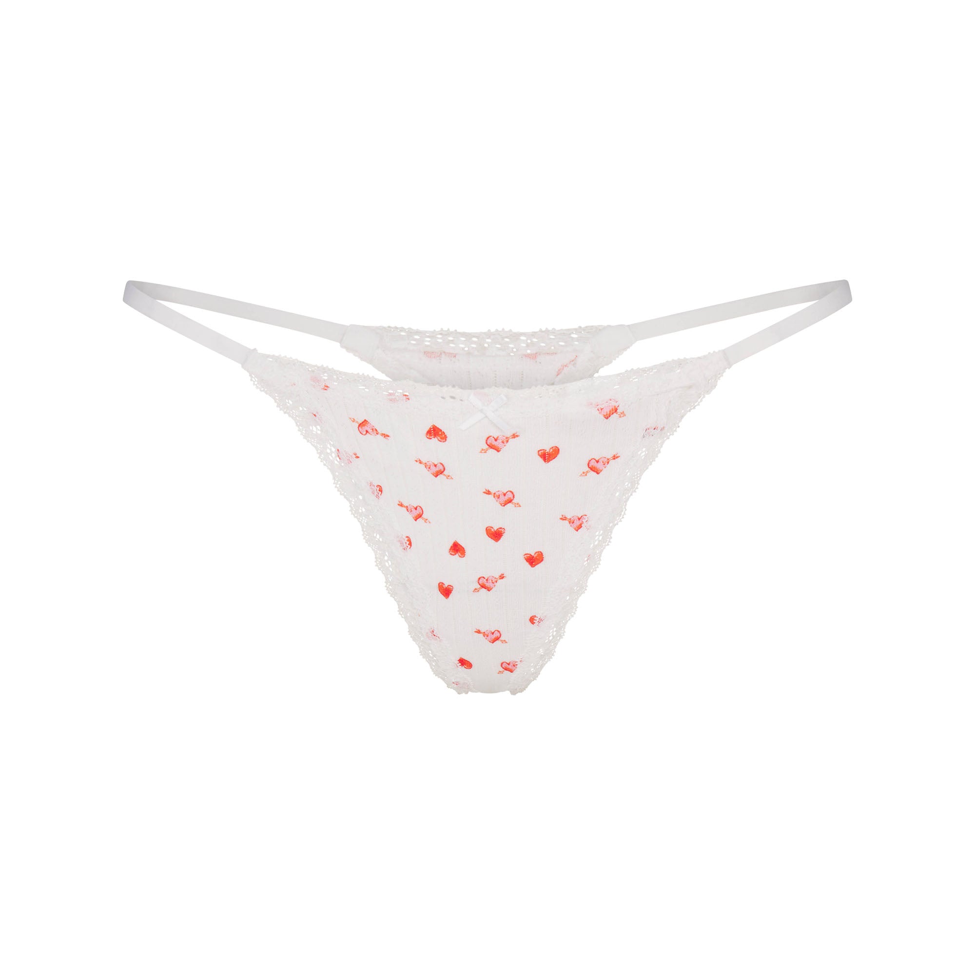 LIGHTWEIGHT COTTON POINTELLE LACE STRING THONG | SNOW ARROWED HEARTS
