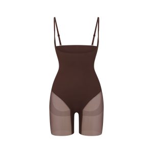 POWER MESH SHAPEWEAR CORE SCULPT OPEN BUST MID THIGH BODYSUIT | COCOA