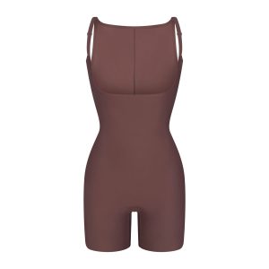 SKIMS BODY CORE SCULPT BACK SMOOTHING OPEN BUST MID THIGH BODYSUIT | COCOA