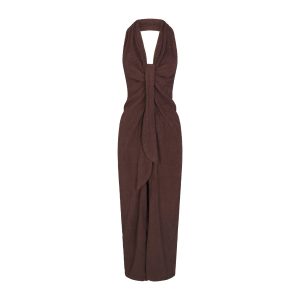 TERRY COVER-UPS DEEP PLUNGE HALTER WRAP DRESS | DARK SEPIA