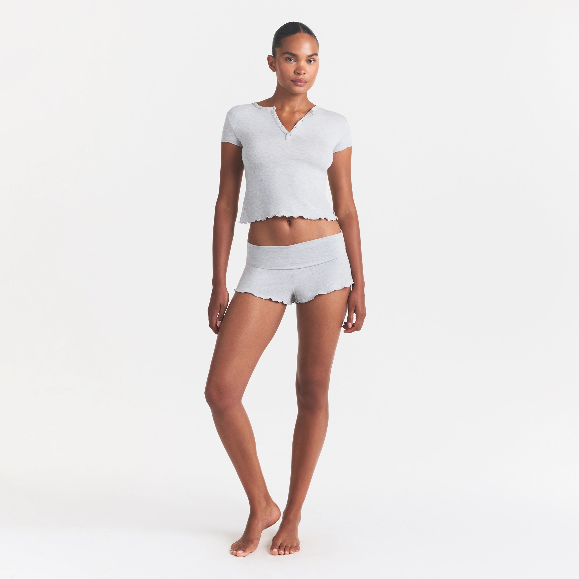 SKIMS SLEEP HENLEY AND FOLDOVER SHORT SET | LIGHT HEATHER GREY - Image 2