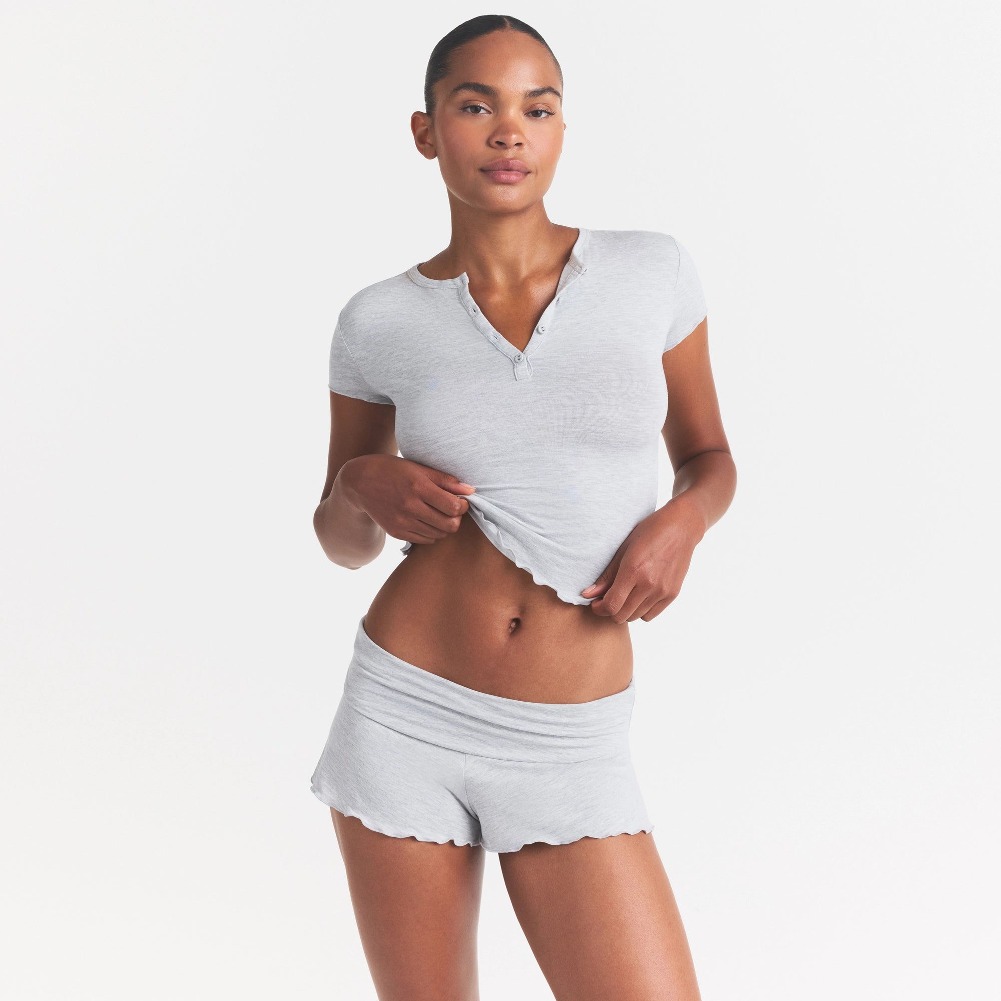 SKIMS SLEEP HENLEY AND FOLDOVER SHORT SET | LIGHT HEATHER GREY - Image 3