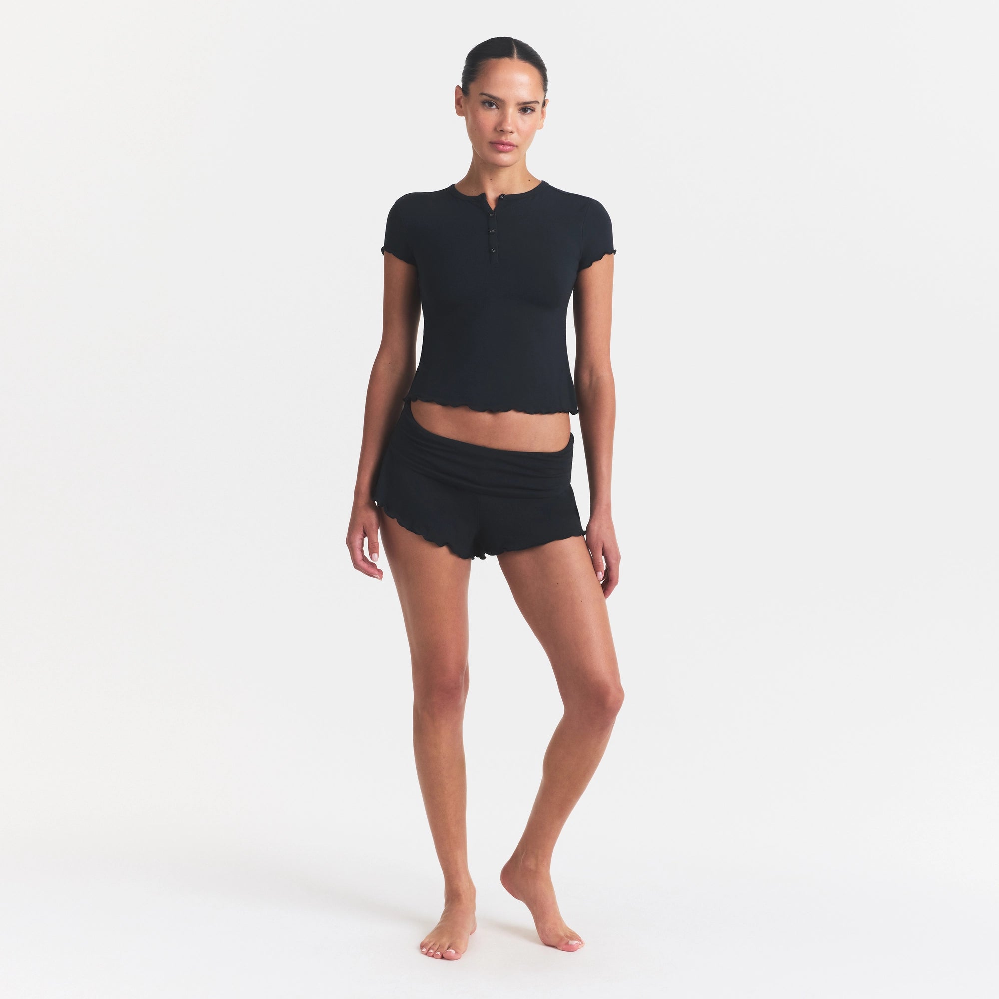 SKIMS SLEEP HENLEY AND FOLDOVER SHORT SET | ONYX - Image 2