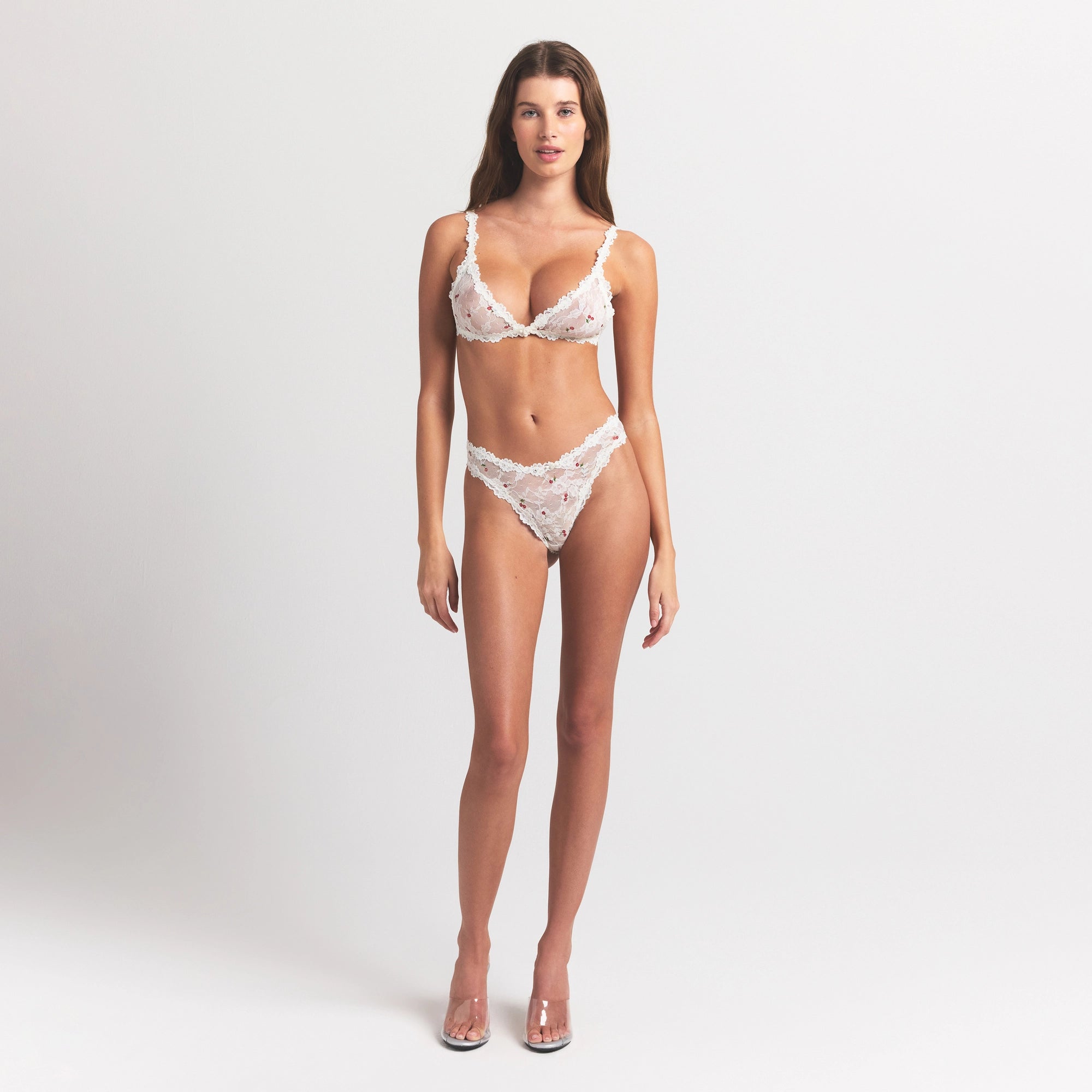 STRETCH LACE TRIANGLE BRALETTE | IVORY CHERRY PRINT - Image 2
