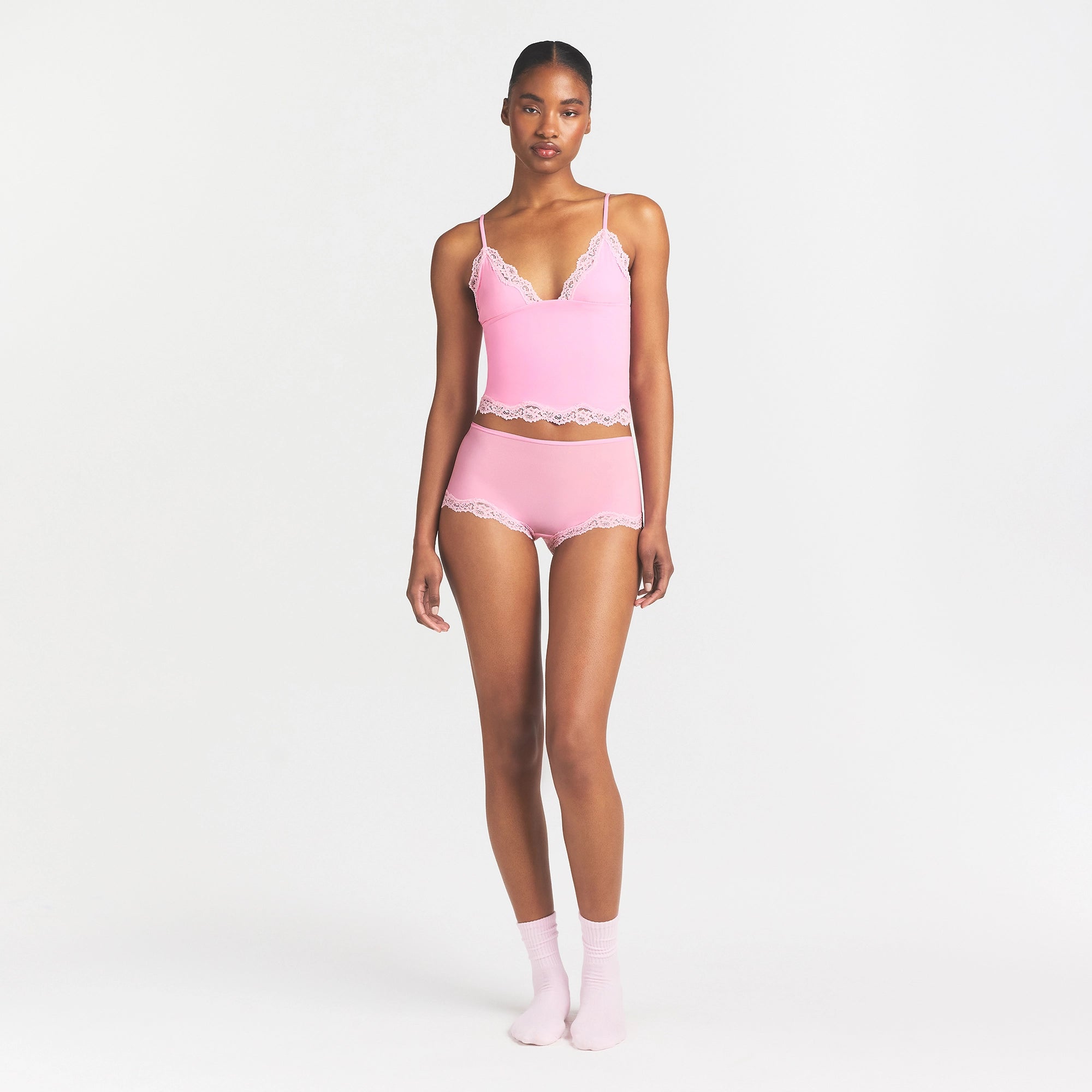 FITS EVERYBODY LACE TRIANGLE CAMI AND BOY SHORT SET | BUBBLE GUM TONAL - Image 2