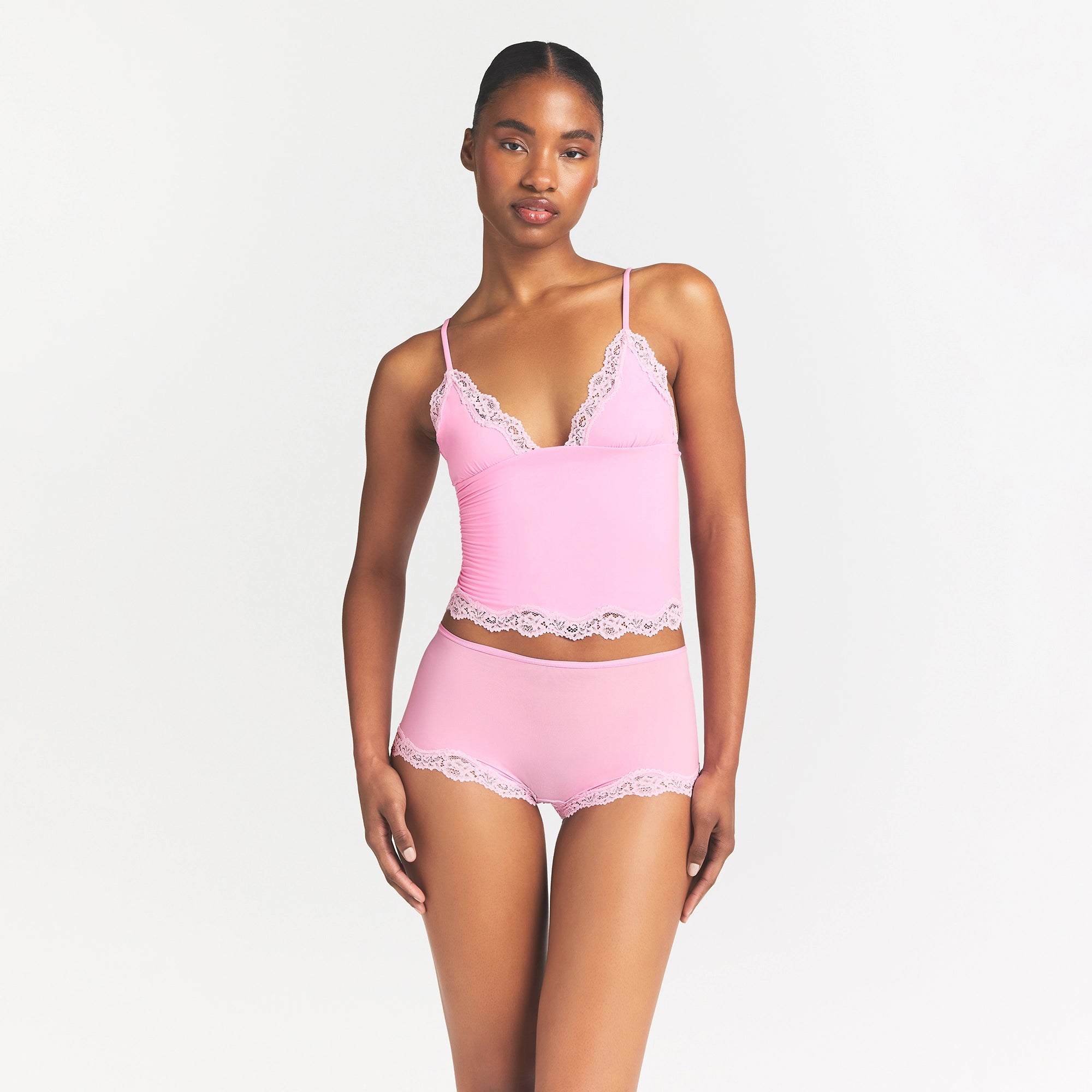 FITS EVERYBODY LACE TRIANGLE CAMI AND BOY SHORT SET | BUBBLE GUM TONAL - Image 3